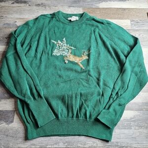 Izod Sweater Vintage Made In USA green XL Deer Tree Cross Stitch